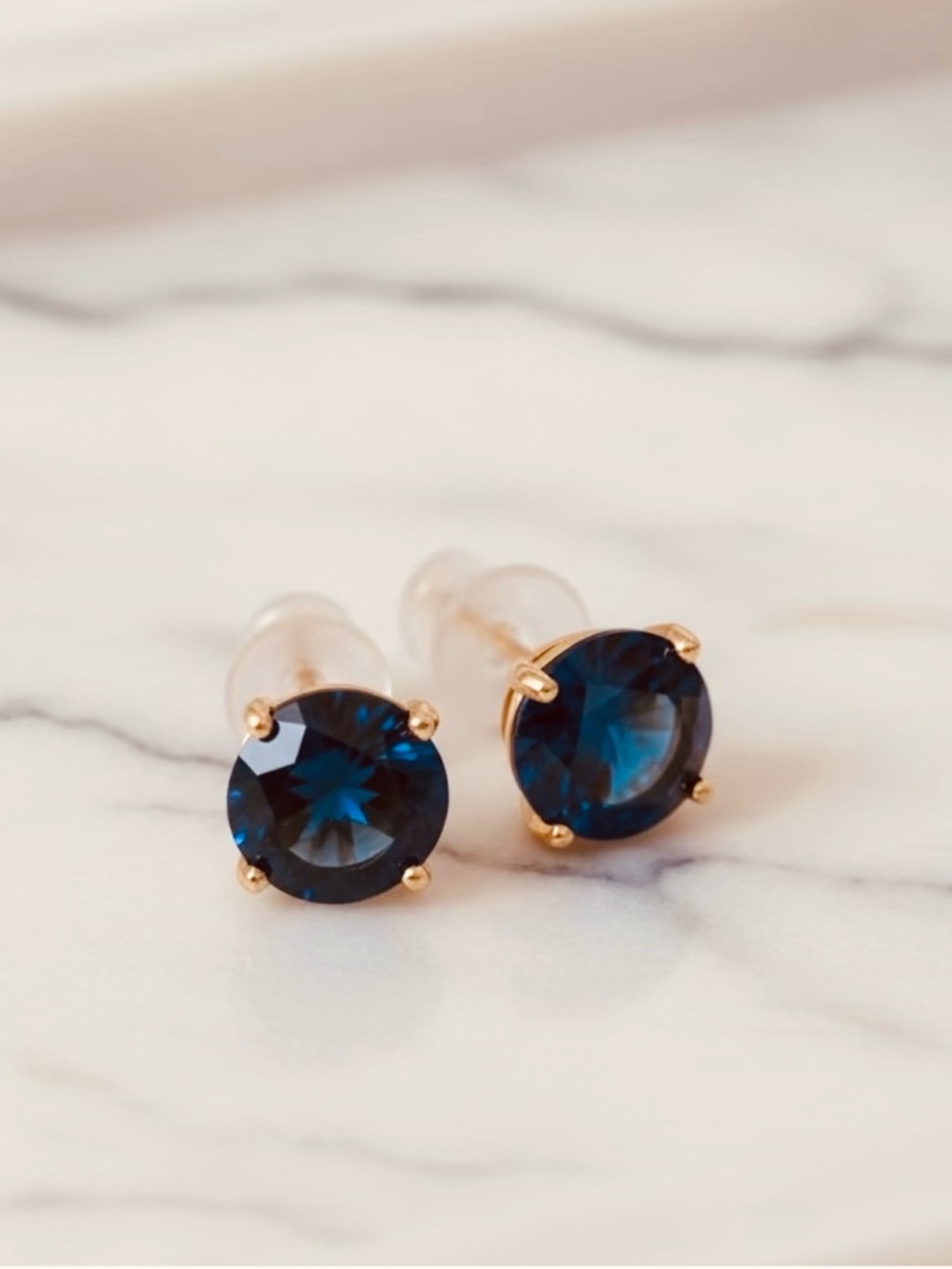 Gold Faux Sapphire Blue Round Stud Earrings - New in Box